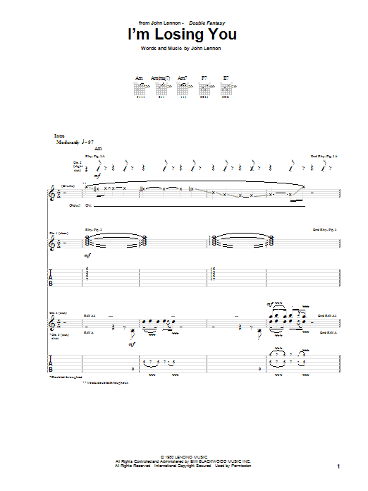 John Lennon I'm Losing You Sheet Music Notes & Chords for Guitar Tab - Download or Print PDF