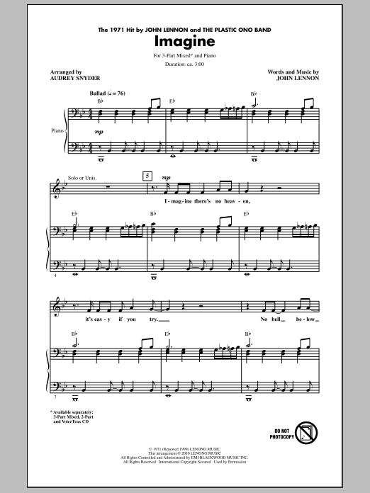 John Lennon Imagine (arr. Audrey Snyder) Sheet Music Notes & Chords for 3-Part Mixed - Download or Print PDF