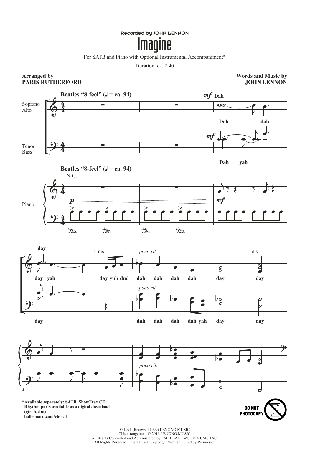 John Lennon Imagine (arr. Paris Rutherford) Sheet Music Notes & Chords for SATB - Download or Print PDF