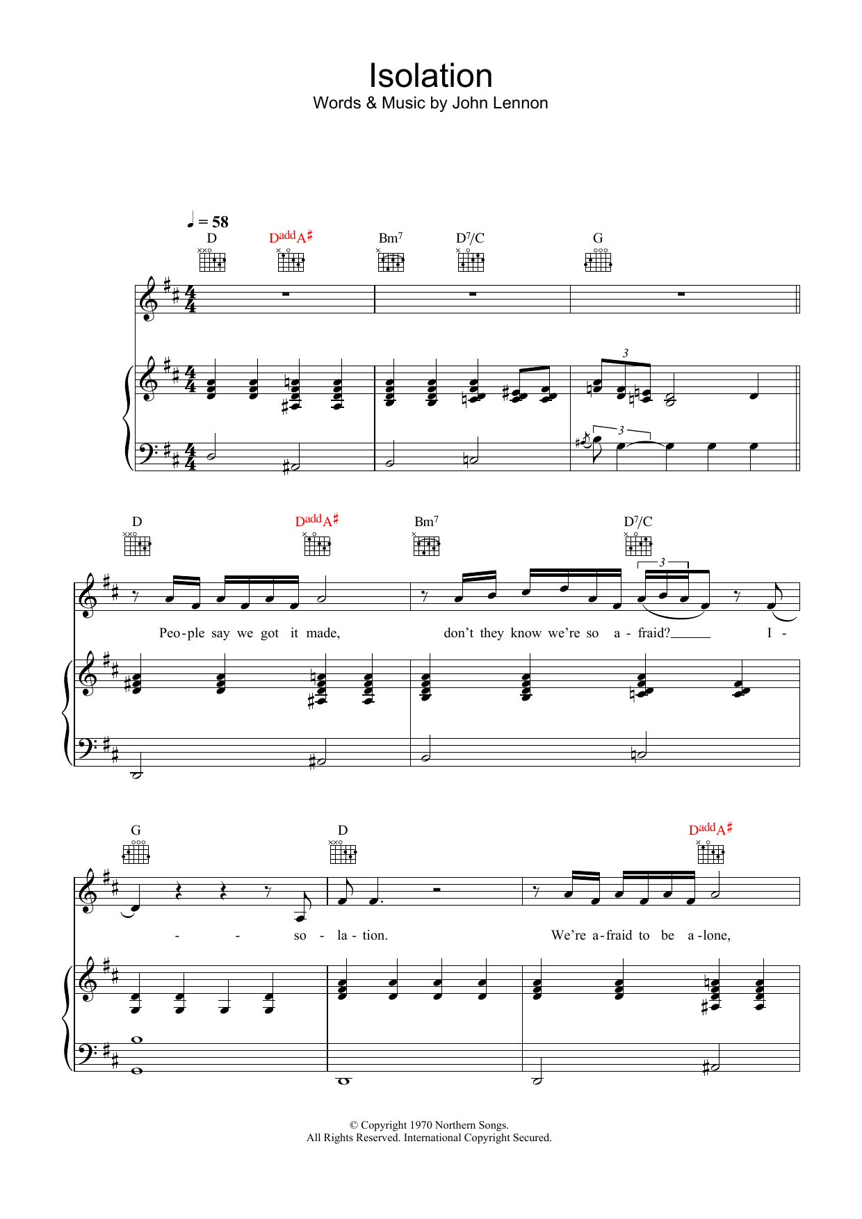 John Lennon Isolation Sheet Music Notes & Chords for Piano, Vocal & Guitar - Download or Print PDF