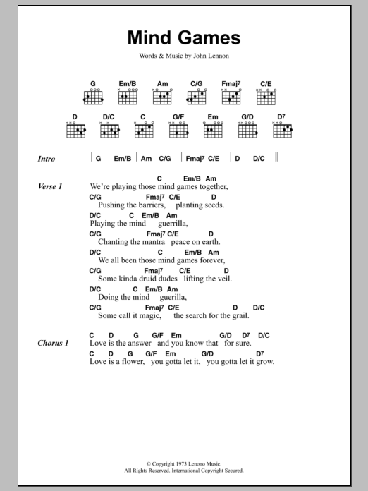 John Lennon Mind Games Sheet Music Notes & Chords for Piano, Vocal & Guitar (Right-Hand Melody) - Download or Print PDF