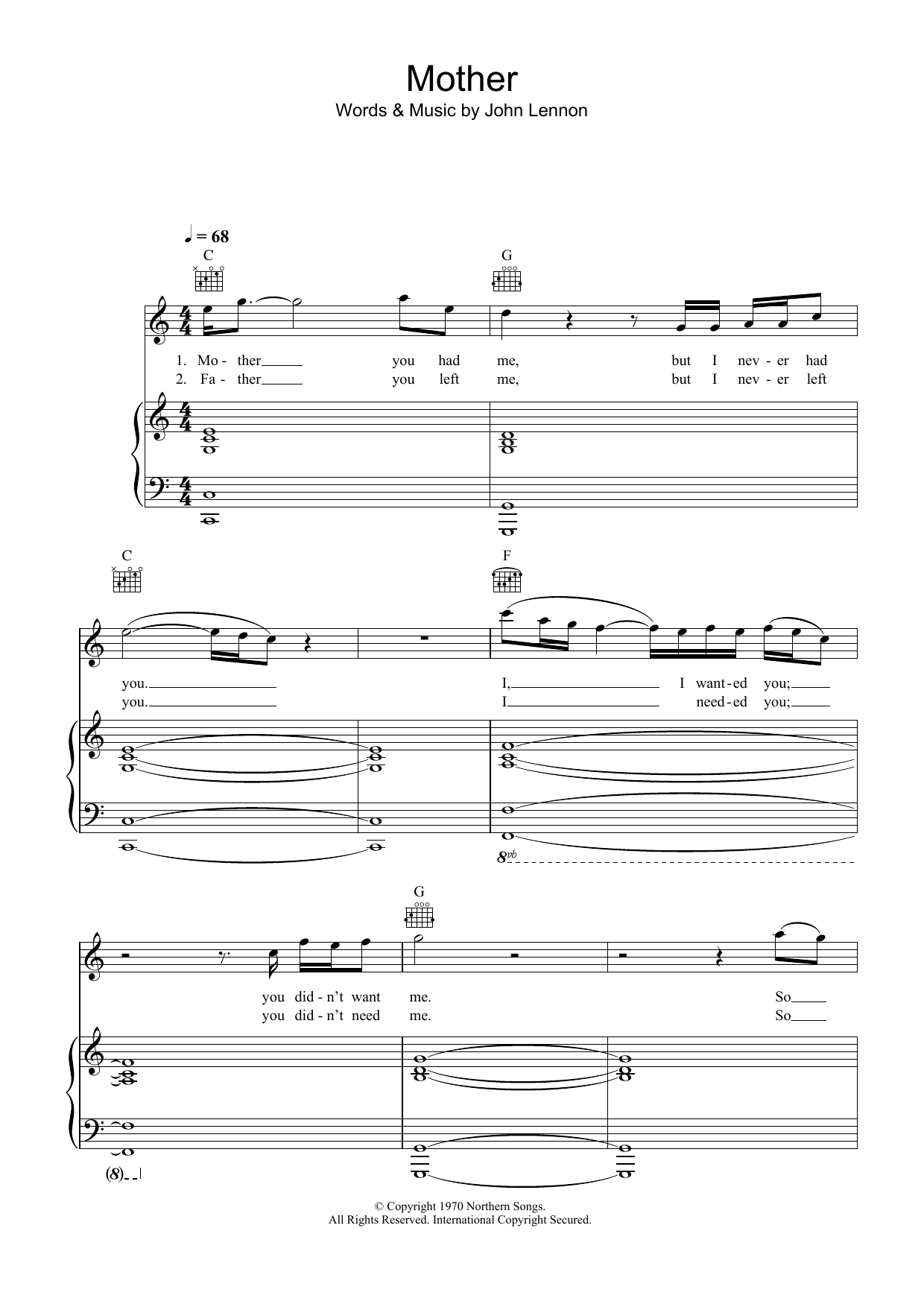 John Lennon Mother Sheet Music Notes & Chords for Piano, Vocal & Guitar Chords (Right-Hand Melody) - Download or Print PDF