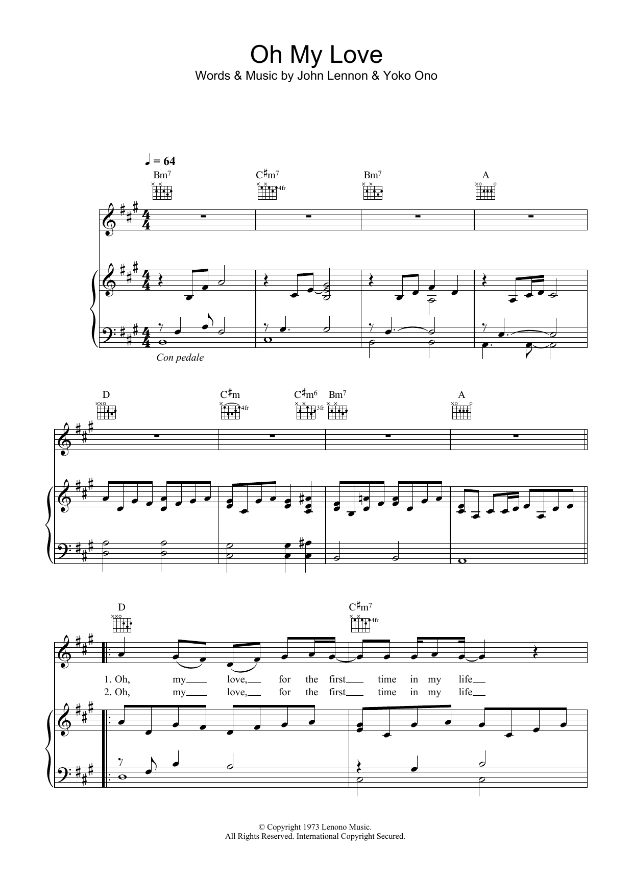 John Lennon Oh My Love Sheet Music Notes & Chords for Piano, Vocal & Guitar (Right-Hand Melody) - Download or Print PDF