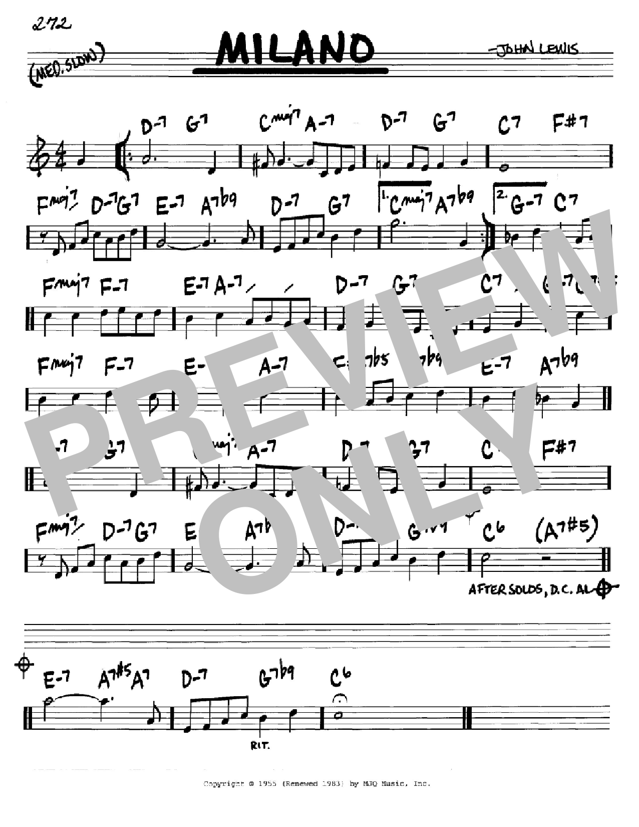 John Lewis Milano Sheet Music Notes & Chords for Real Book - Melody & Chords - C Instruments - Download or Print PDF