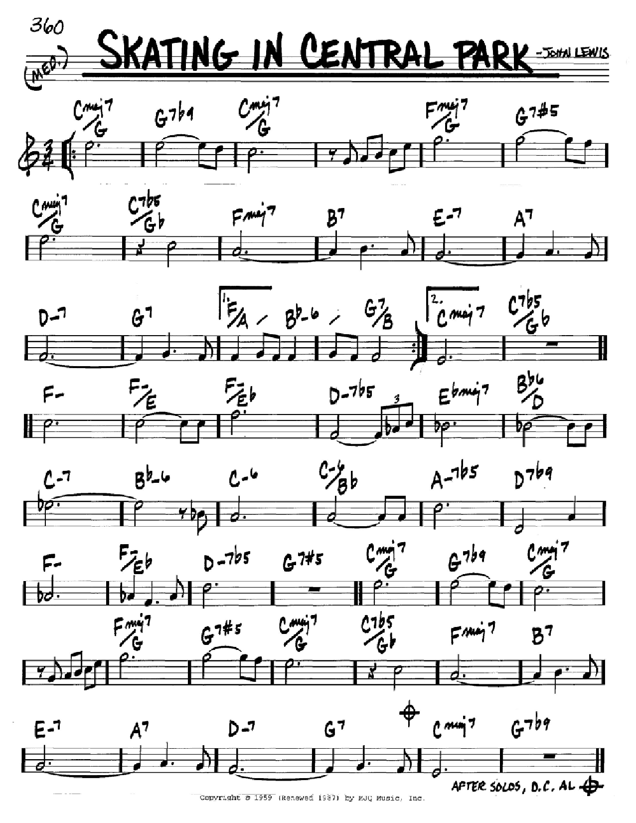 John Lewis Skating In Central Park Sheet Music Notes & Chords for Real Book – Melody & Chords – Bass Clef Instruments - Download or Print PDF