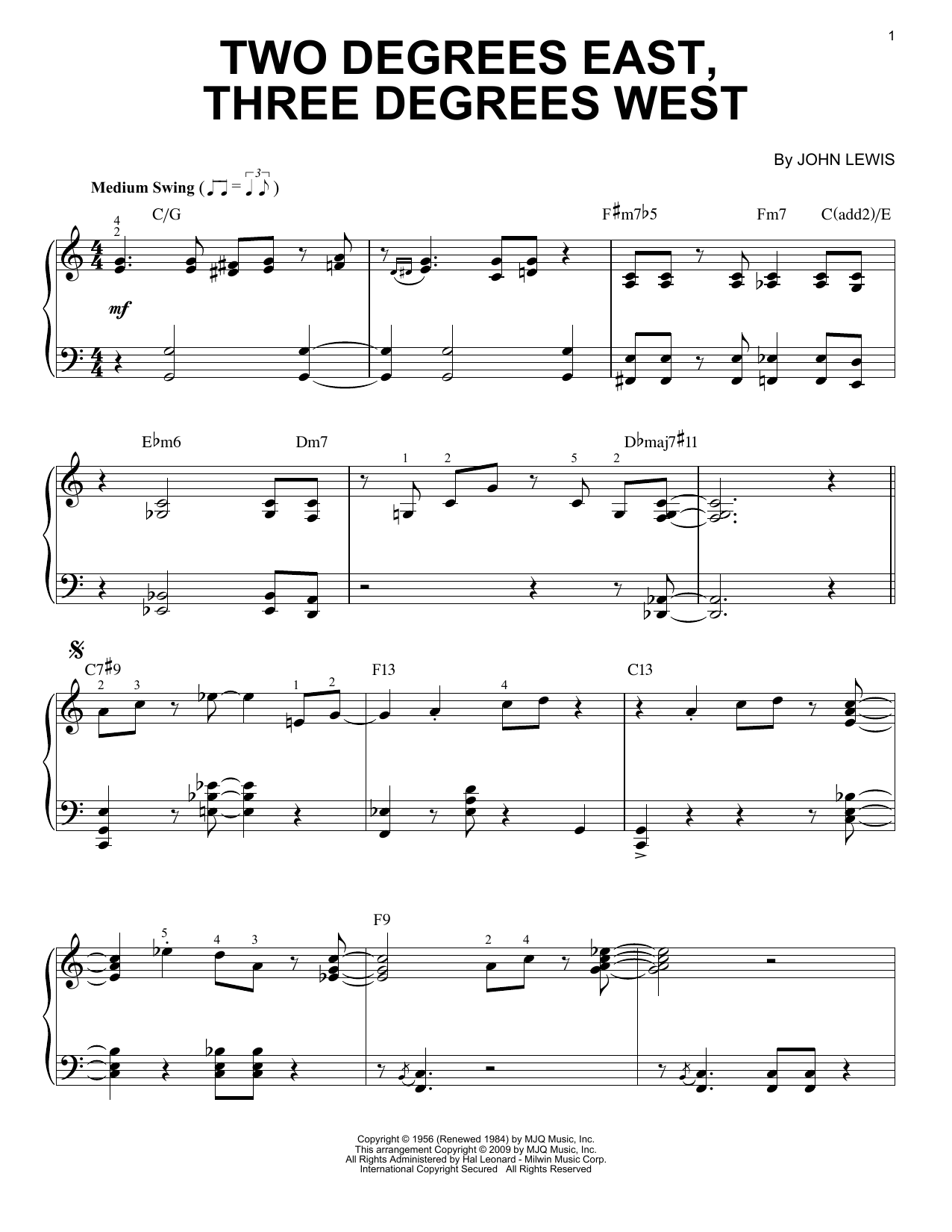 John Lewis Two Degrees East, Three Degrees West [Jazz version] Sheet Music Notes & Chords for Piano - Download or Print PDF
