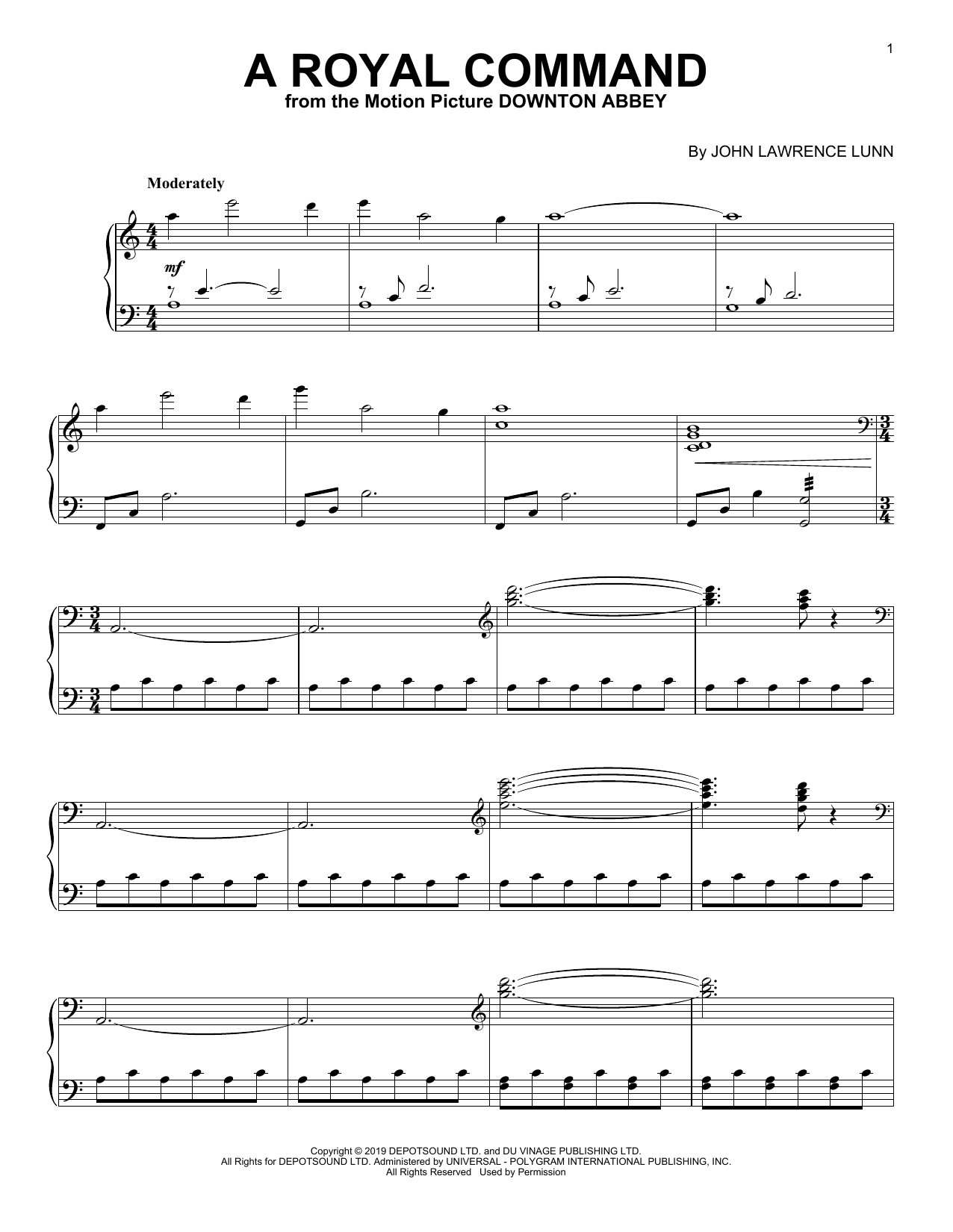 John Lunn A Royal Command (from the Motion Picture Downton Abbey) Sheet Music Notes & Chords for Piano Solo - Download or Print PDF