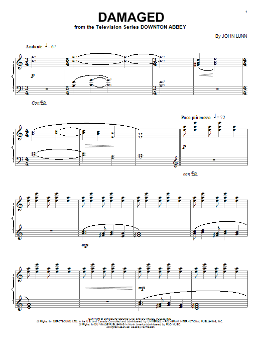 John Lunn Damaged Sheet Music Notes & Chords for Piano - Download or Print PDF