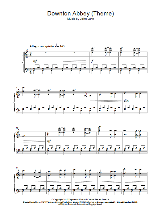 John Lunn Downton Abbey (Theme) Sheet Music Notes & Chords for Piano - Download or Print PDF