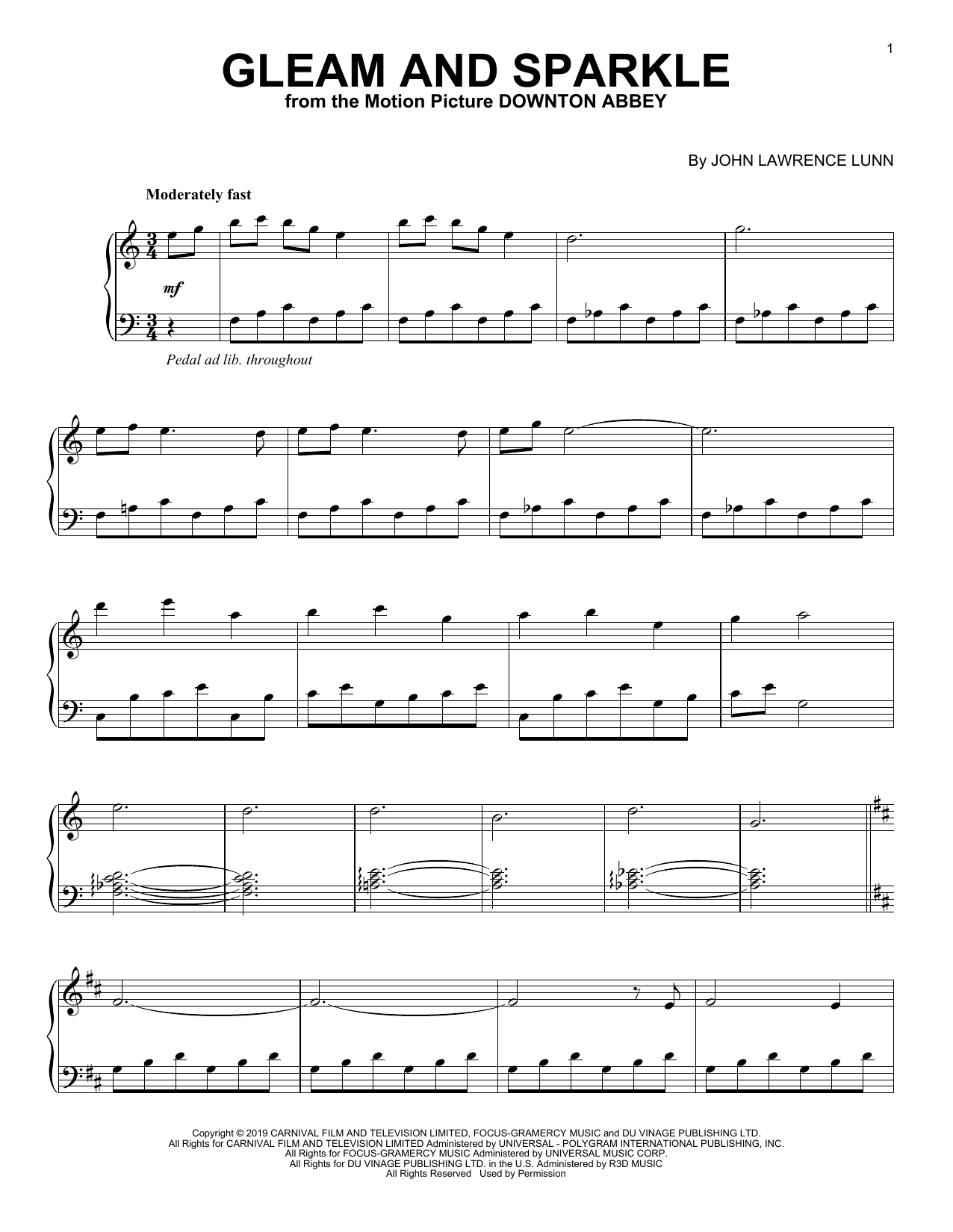 John Lunn Gleam And Sparkle (from the Motion Picture Downton Abbey) Sheet Music Notes & Chords for Piano Solo - Download or Print PDF