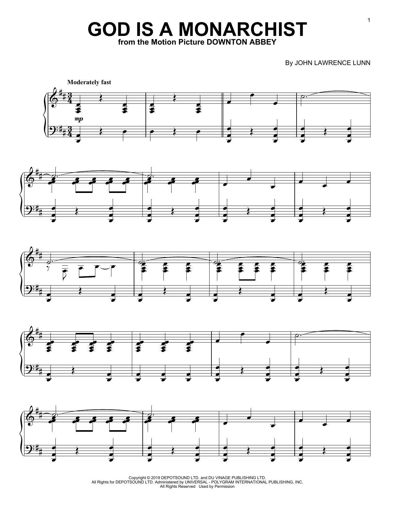 John Lunn God Is A Monarchist (from the Motion Picture Downton Abbey) Sheet Music Notes & Chords for Piano Solo - Download or Print PDF