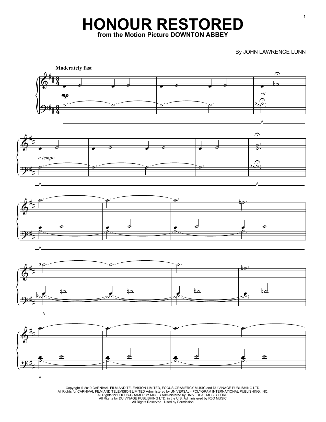 John Lunn Honour Restored (from the Motion Picture Downton Abbey) Sheet Music Notes & Chords for Piano Solo - Download or Print PDF