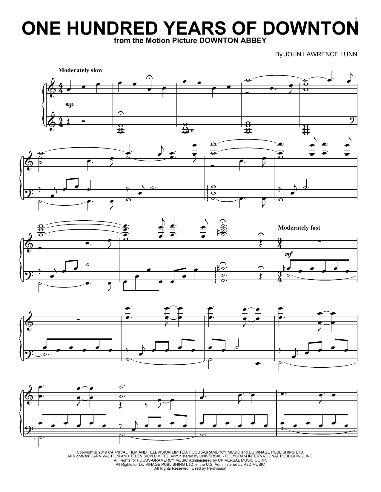 John Lunn One Hundred Years Of Downton (from the Motion Picture Downton Abbey) Sheet Music Notes & Chords for Piano Solo - Download or Print PDF