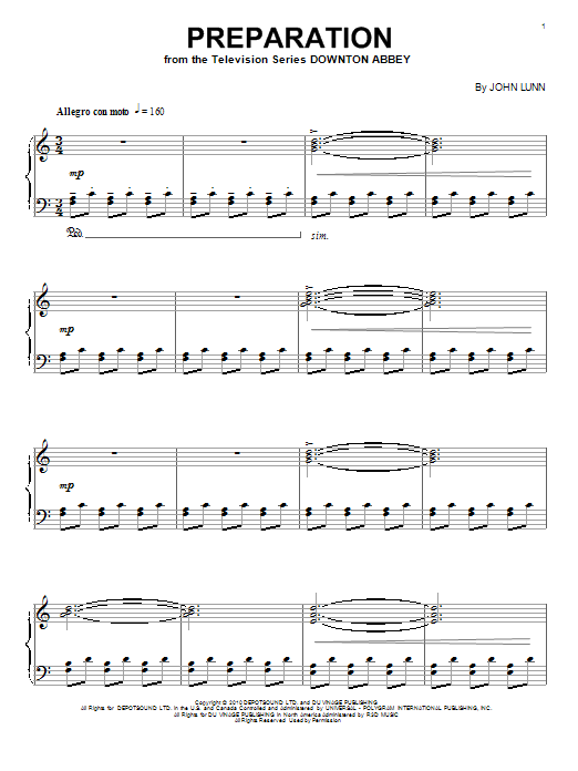John Lunn Preparation Sheet Music Notes & Chords for Piano - Download or Print PDF