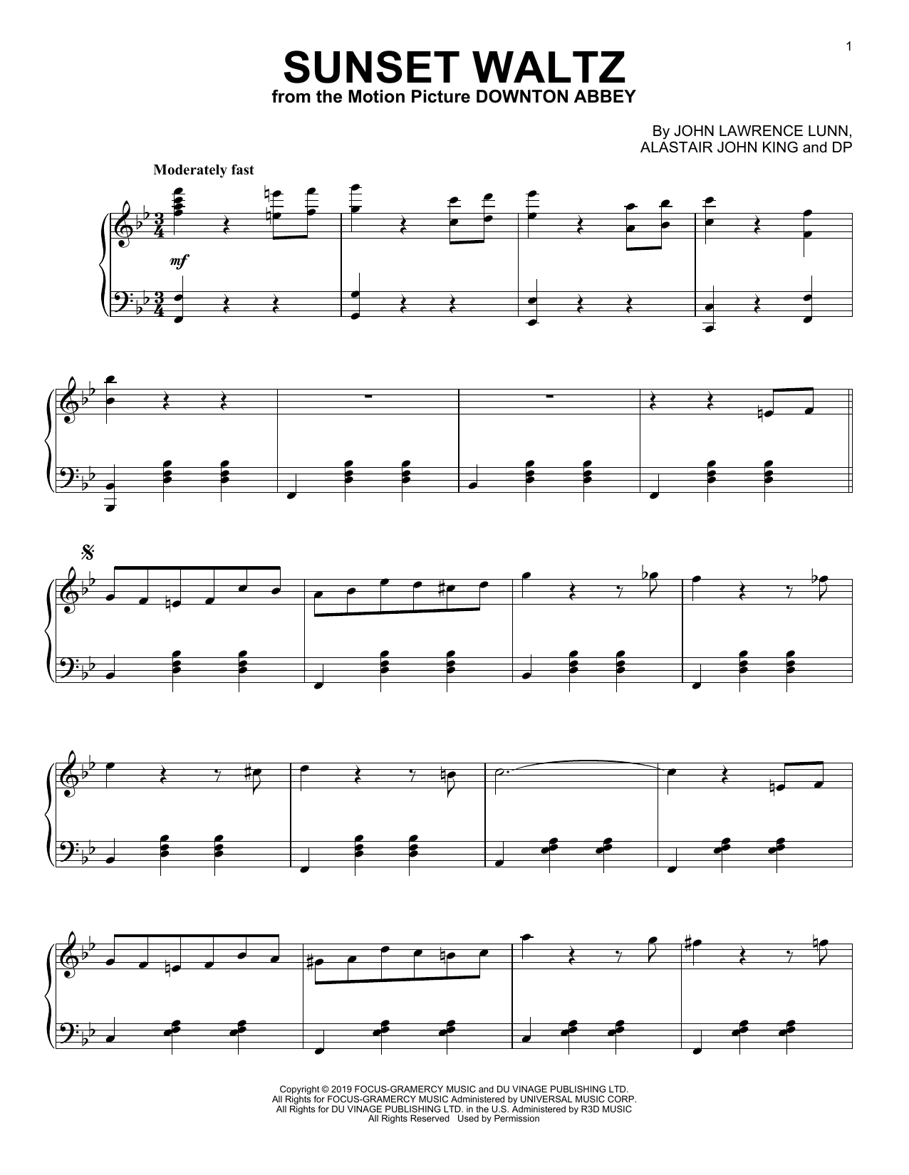 John Lunn Sunset Waltz (from the Motion Picture Downton Abbey) Sheet Music Notes & Chords for Piano Solo - Download or Print PDF