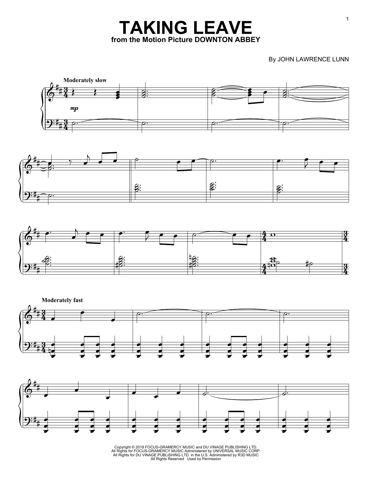 John Lunn Taking Leave (from the Motion Picture Downton Abbey) Sheet Music Notes & Chords for Piano Solo - Download or Print PDF