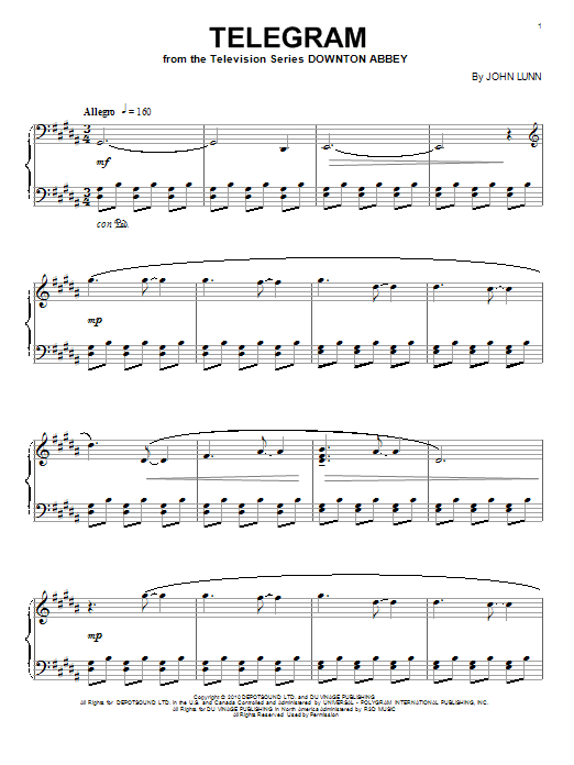 John Lunn Telegram Sheet Music Notes & Chords for Piano - Download or Print PDF
