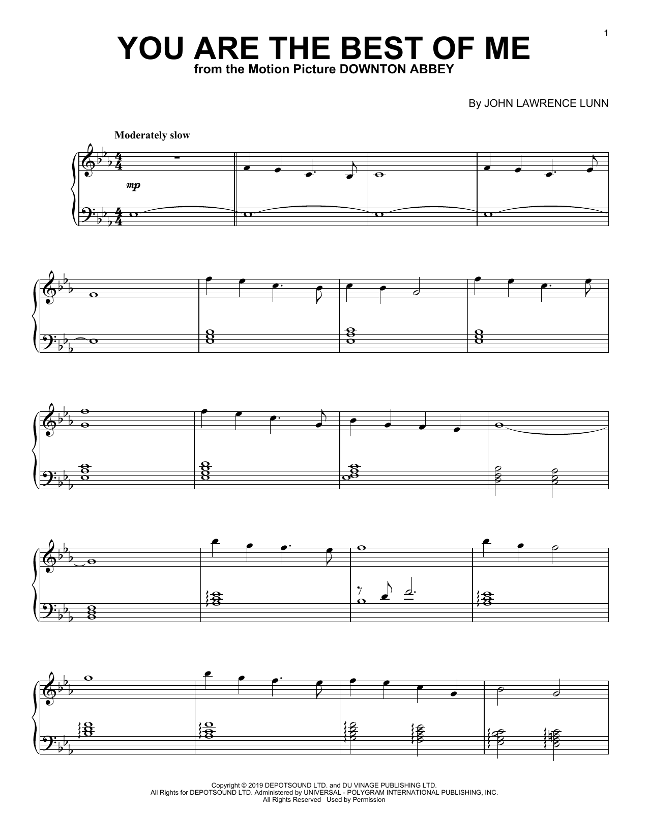 John Lunn You Are The Best Of Me (from the Motion Picture Downton Abbey) Sheet Music Notes & Chords for Piano Solo - Download or Print PDF