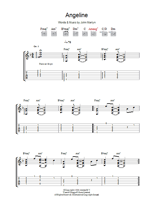 John Martyn Angeline Sheet Music Notes & Chords for Guitar Tab - Download or Print PDF