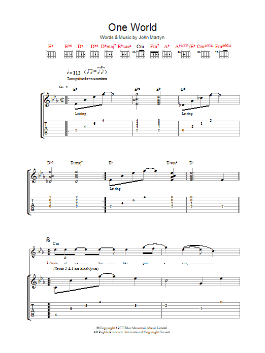 John Martyn One World Sheet Music Notes & Chords for Guitar Tab - Download or Print PDF