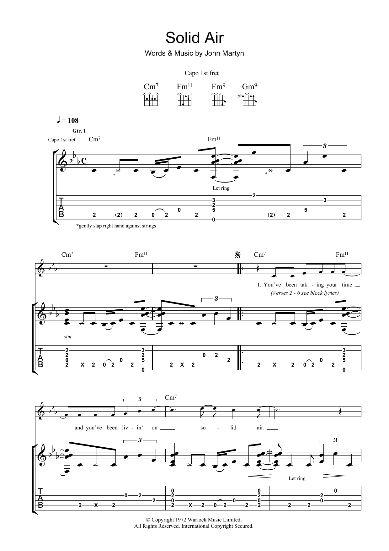 John Martyn Solid Air Sheet Music Notes & Chords for Lyrics & Chords - Download or Print PDF