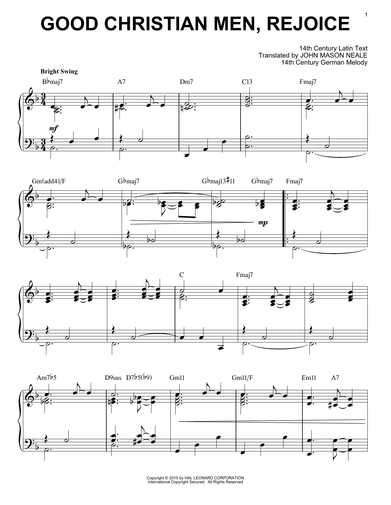 John Mason Neale Good Christian Men, Rejoice [Jazz version] (arr. Brent Edstrom) Sheet Music Notes & Chords for Piano - Download or Print PDF