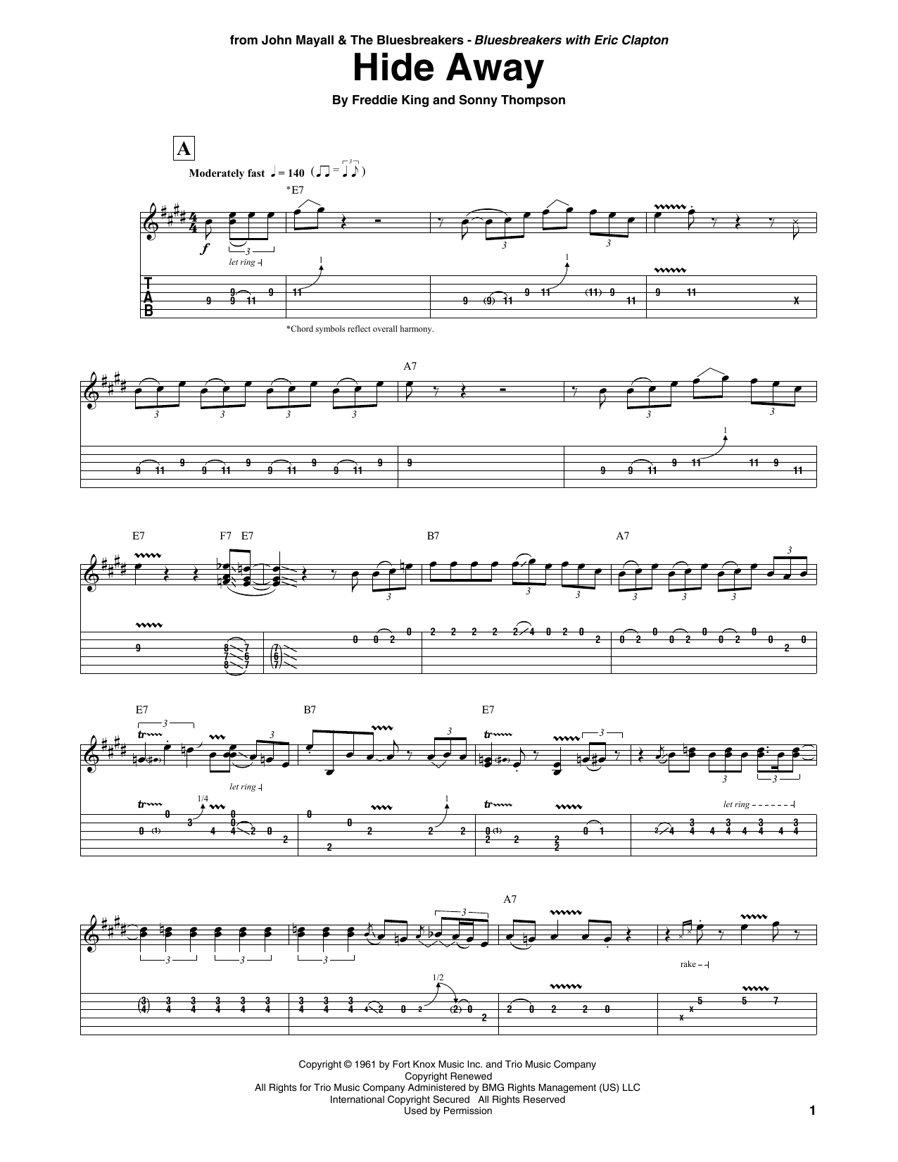 John Mayall's Bluesbreakers Hide Away Sheet Music Notes & Chords for Guitar Tab Play-Along - Download or Print PDF