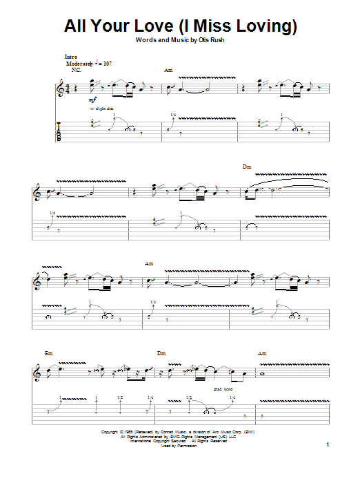 John Mayall's Bluesbreakers All Your Love (I Miss Loving) Sheet Music Notes & Chords for Guitar Tab Play-Along - Download or Print PDF