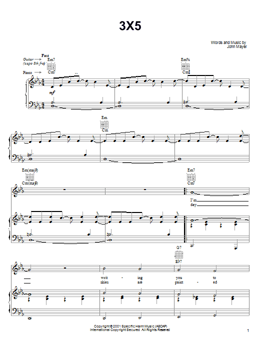 John Mayer 3X5 Sheet Music Notes & Chords for Guitar Tab - Download or Print PDF