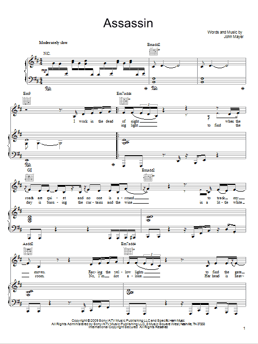 John Mayer Assassin Sheet Music Notes & Chords for Easy Guitar - Download or Print PDF