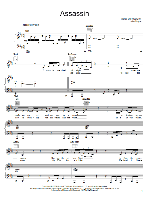 John Mayer Assassin Sheet Music Notes & Chords for Piano, Vocal & Guitar (Right-Hand Melody) - Download or Print PDF