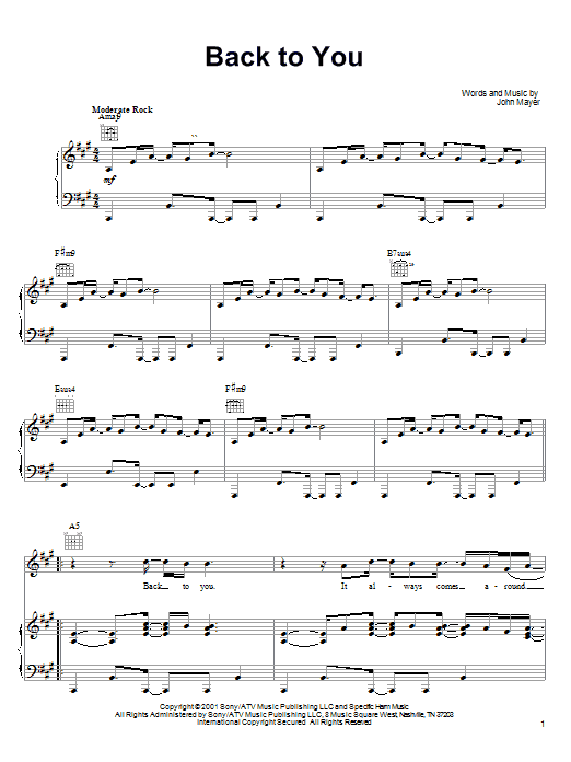 John Mayer Back To You Sheet Music Notes & Chords for Piano, Vocal & Guitar (Right-Hand Melody) - Download or Print PDF