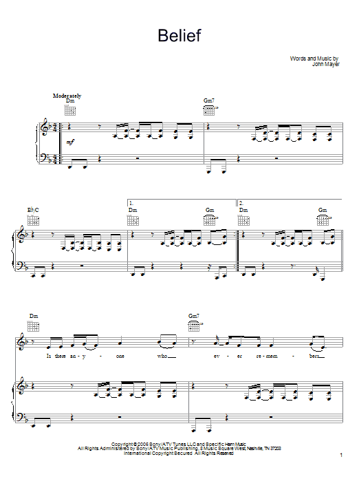John Mayer Belief Sheet Music Notes & Chords for Guitar Tab - Download or Print PDF