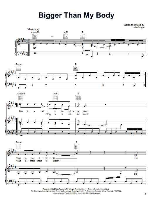 John Mayer Bigger Than My Body Sheet Music Notes & Chords for Easy Guitar - Download or Print PDF