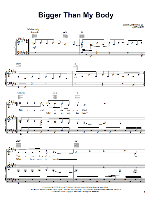 John Mayer Bigger Than My Body Sheet Music Notes & Chords for Piano, Vocal & Guitar (Right-Hand Melody) - Download or Print PDF
