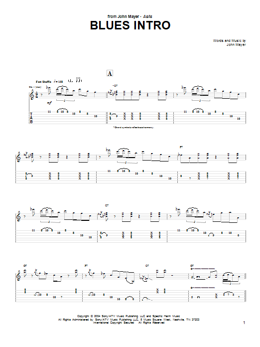 John Mayer Blues Intro Sheet Music Notes & Chords for Guitar Tab - Download or Print PDF