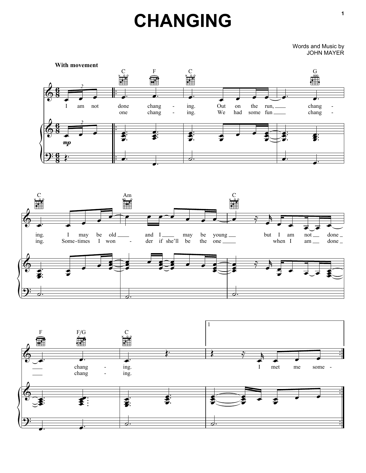 John Mayer Changing Sheet Music Notes & Chords for Piano, Vocal & Guitar (Right-Hand Melody) - Download or Print PDF