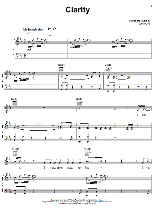 John Mayer Clarity Sheet Music Notes & Chords for Easy Piano - Download or Print PDF