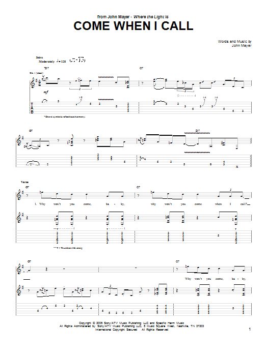 John Mayer Come When I Call Sheet Music Notes & Chords for Guitar Tab - Download or Print PDF