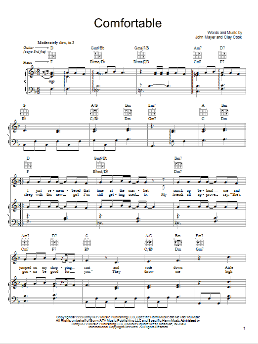 John Mayer Comfortable Sheet Music Notes & Chords for Lyrics & Chords - Download or Print PDF