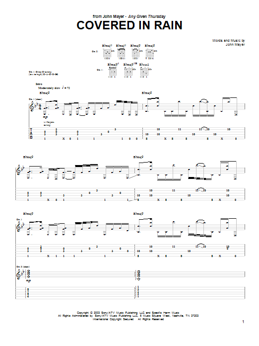 John Mayer Covered In Rain Sheet Music Notes & Chords for Guitar Tab - Download or Print PDF