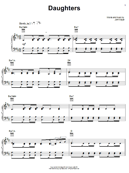 John Mayer Daughters Sheet Music Notes & Chords for Lyrics & Chords - Download or Print PDF