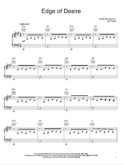 John Mayer Edge Of Desire Sheet Music Notes & Chords for Easy Guitar - Download or Print PDF