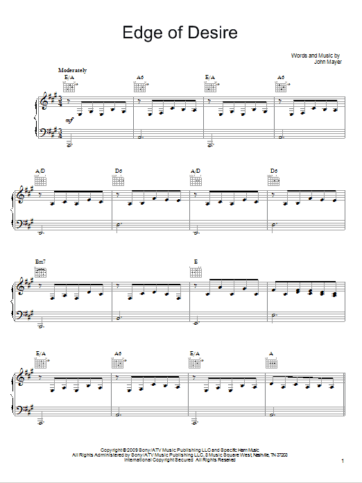 John Mayer Edge Of Desire Sheet Music Notes & Chords for Guitar Tab - Download or Print PDF