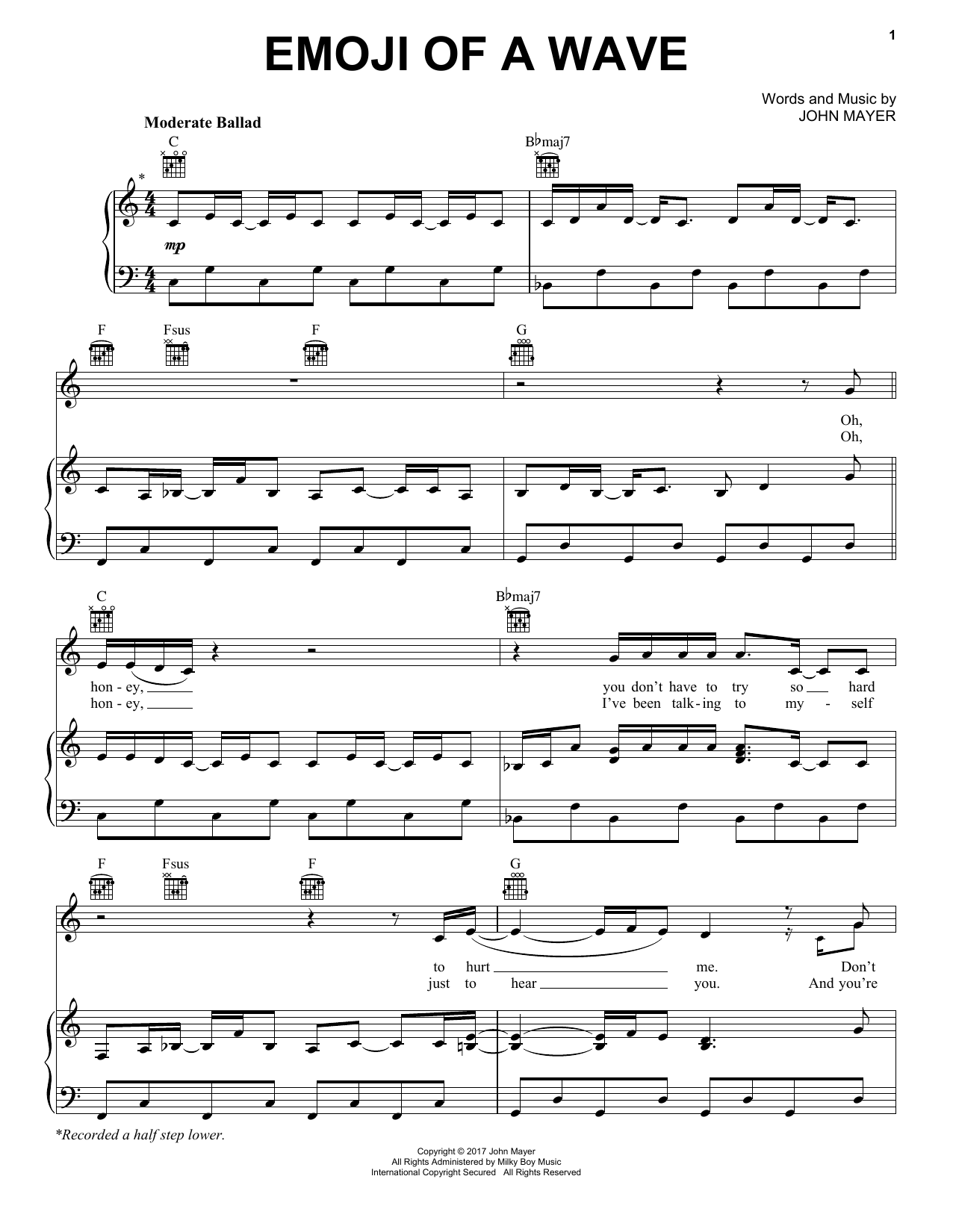 John Mayer Emoji Of A Wave Sheet Music Notes & Chords for Piano, Vocal & Guitar (Right-Hand Melody) - Download or Print PDF