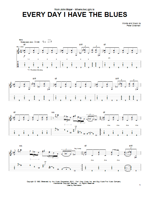 John Mayer Every Day I Have The Blues Sheet Music Notes & Chords for Guitar Tab - Download or Print PDF