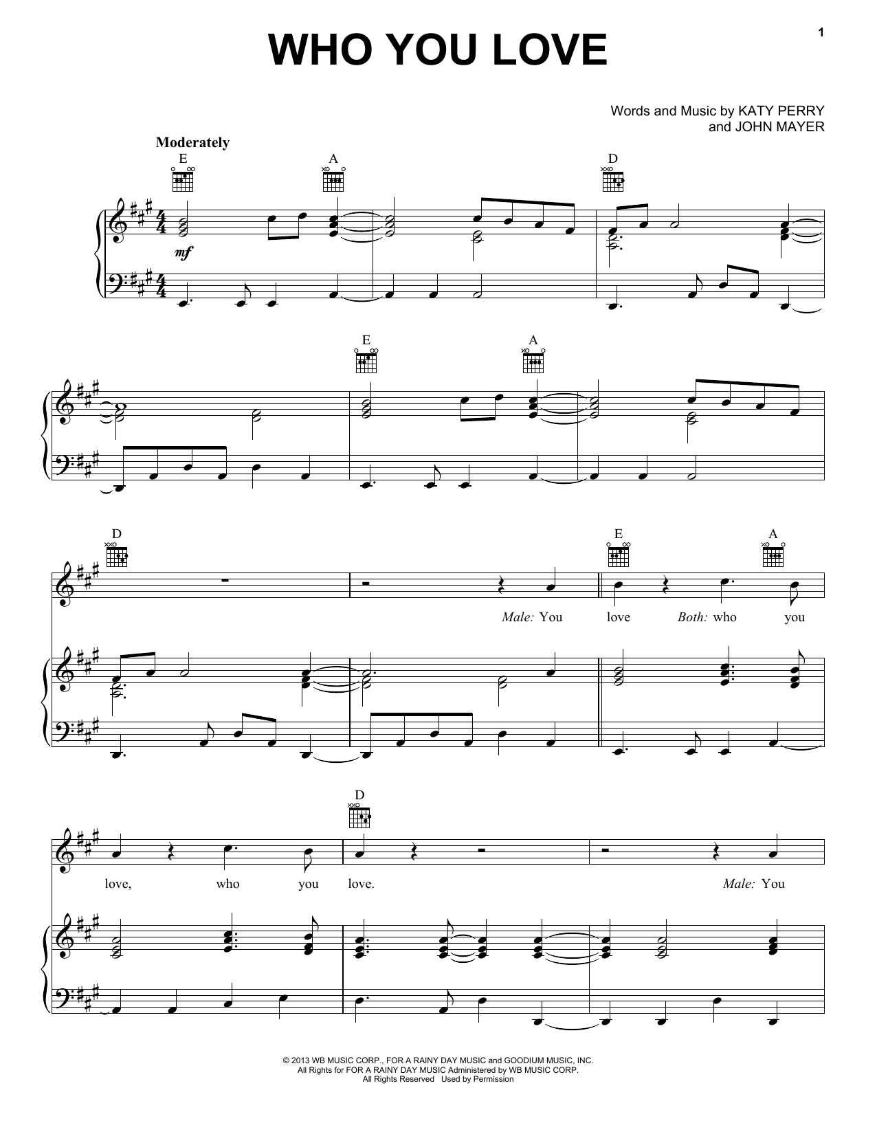 John Mayer featuring Katy Perry Who You Love Sheet Music Notes & Chords for Piano, Vocal & Guitar (Right-Hand Melody) - Download or Print PDF