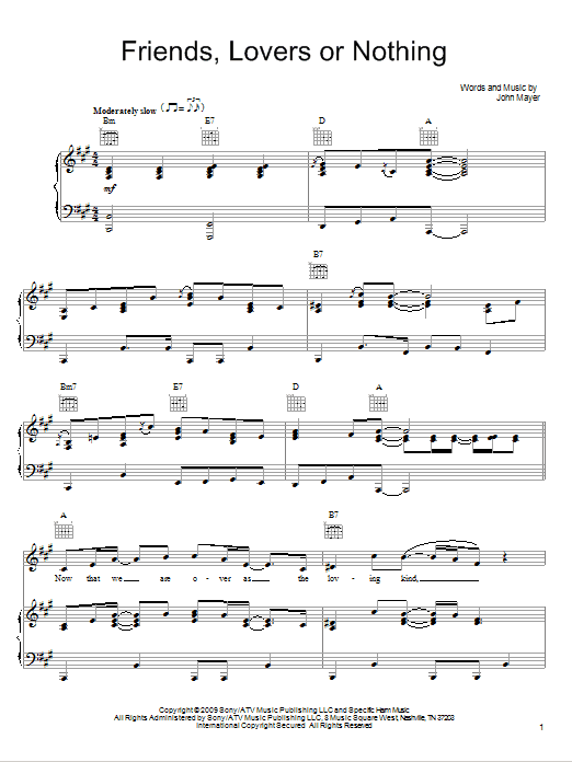John Mayer Friends, Lovers Or Nothing Sheet Music Notes & Chords for Piano, Vocal & Guitar (Right-Hand Melody) - Download or Print PDF