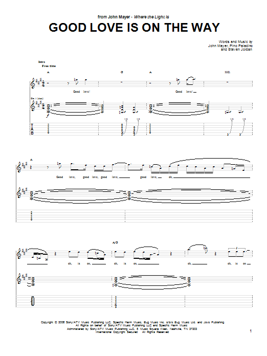 John Mayer Good Love Is On The Way Sheet Music Notes & Chords for Guitar Tab - Download or Print PDF