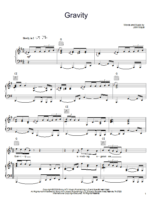 John Mayer Gravity Sheet Music Notes & Chords for Guitar Tab - Download or Print PDF